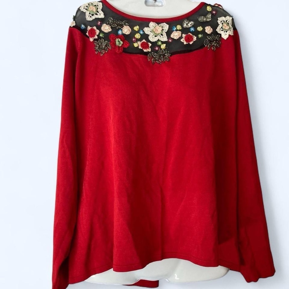 Victor Costa Red Blouse with Floral Embroidery 1X nwt